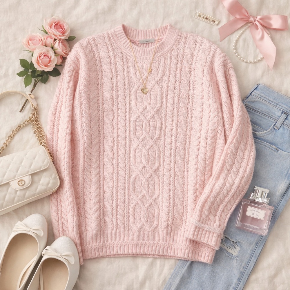 Vintage Carriage Court Sport Light Pink Cable Knit Sweater Size S